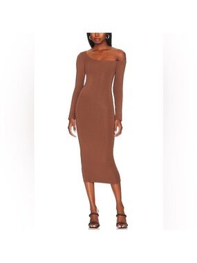 NWT Re Ona One-Shoulder Long Sleeve Midi Dress in Chocolate ✨